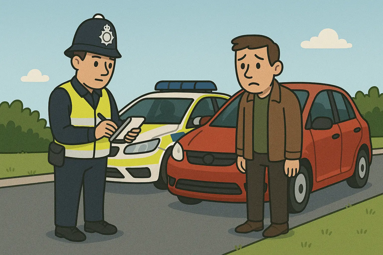 Police officer speaking to a driver beside a vehicle