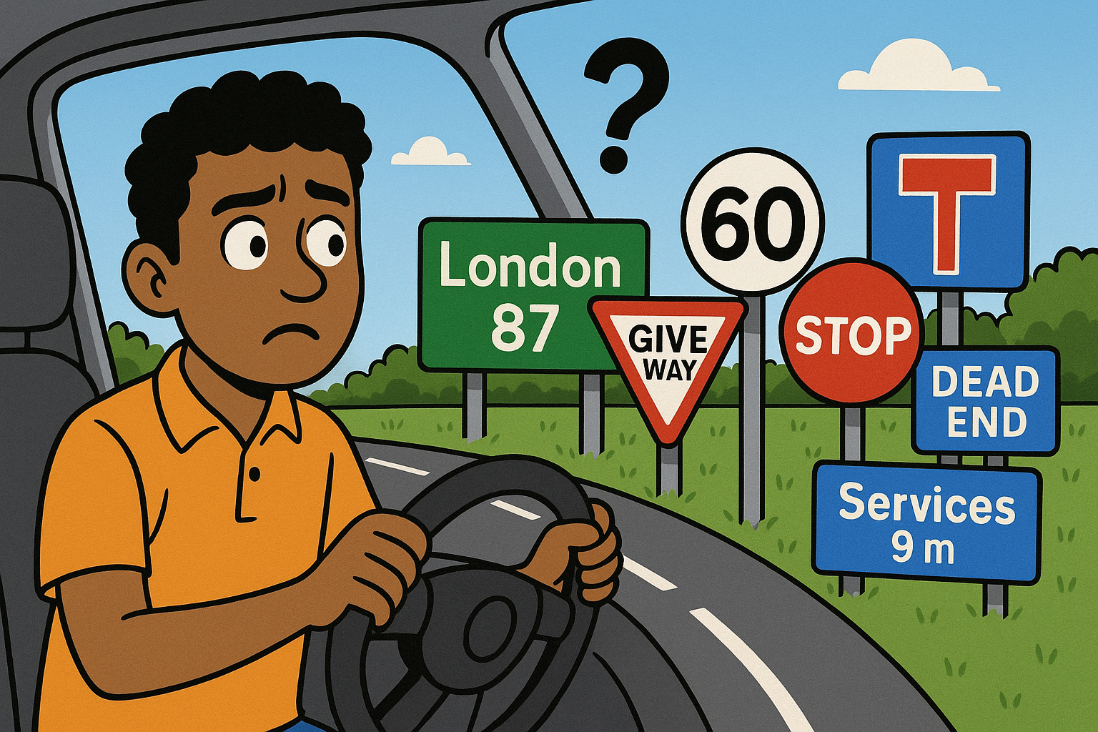 UK road signs including warning, speed limit and direction signs
